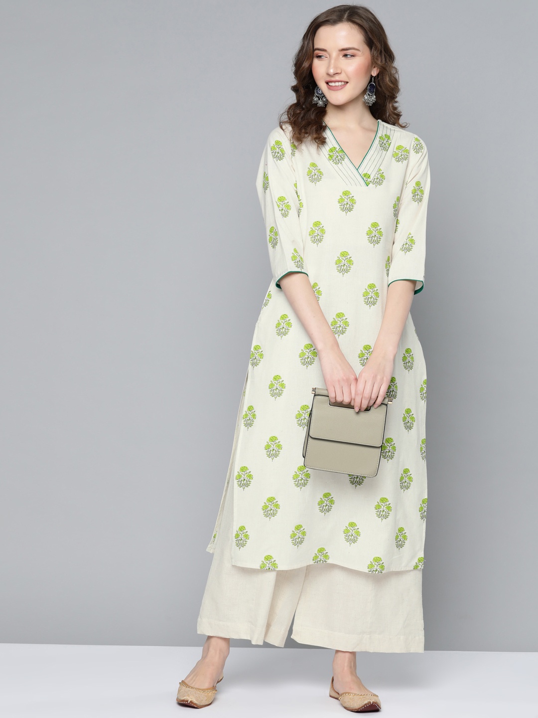 

HERE&NOW Women Off-White & Green Ethnic Motifs Print Pure Cotton Straight Kurta