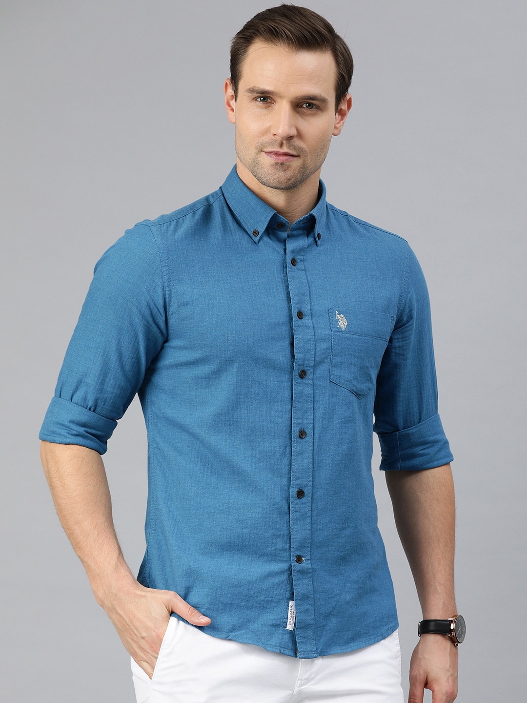 

U.S. Polo Assn. Men Teal Blue Tailored Fit Casual Shirt