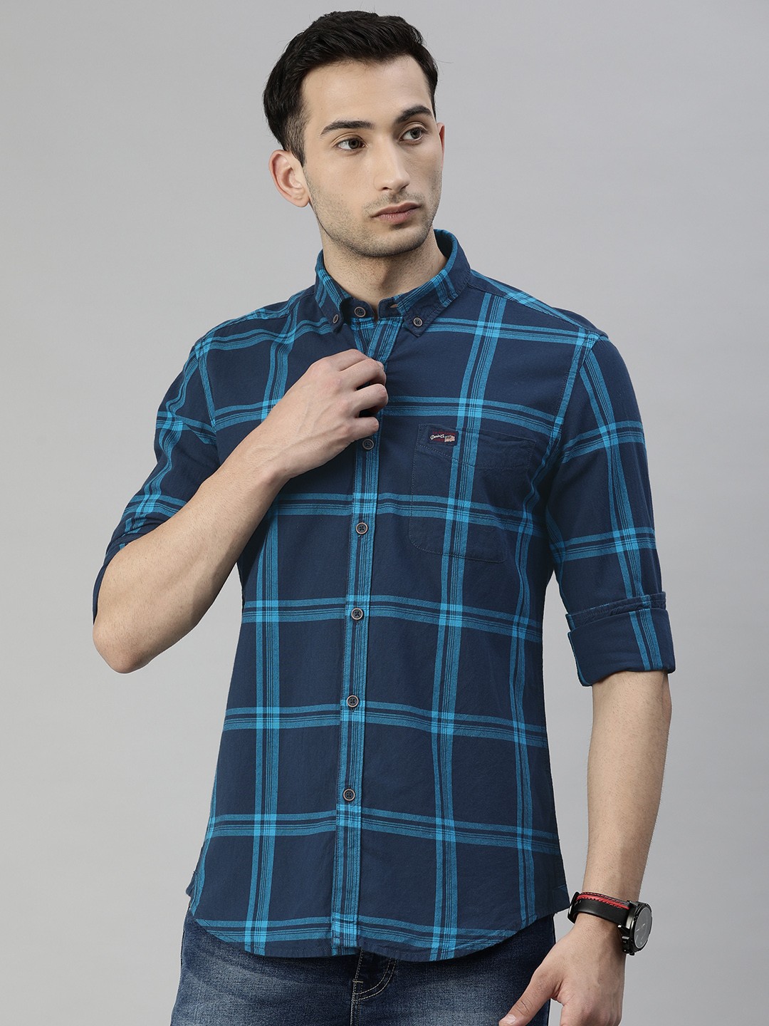 

U.S. Polo Assn. Denim Co. Men Navy Blue Slim Fit Checked Casual Shirt