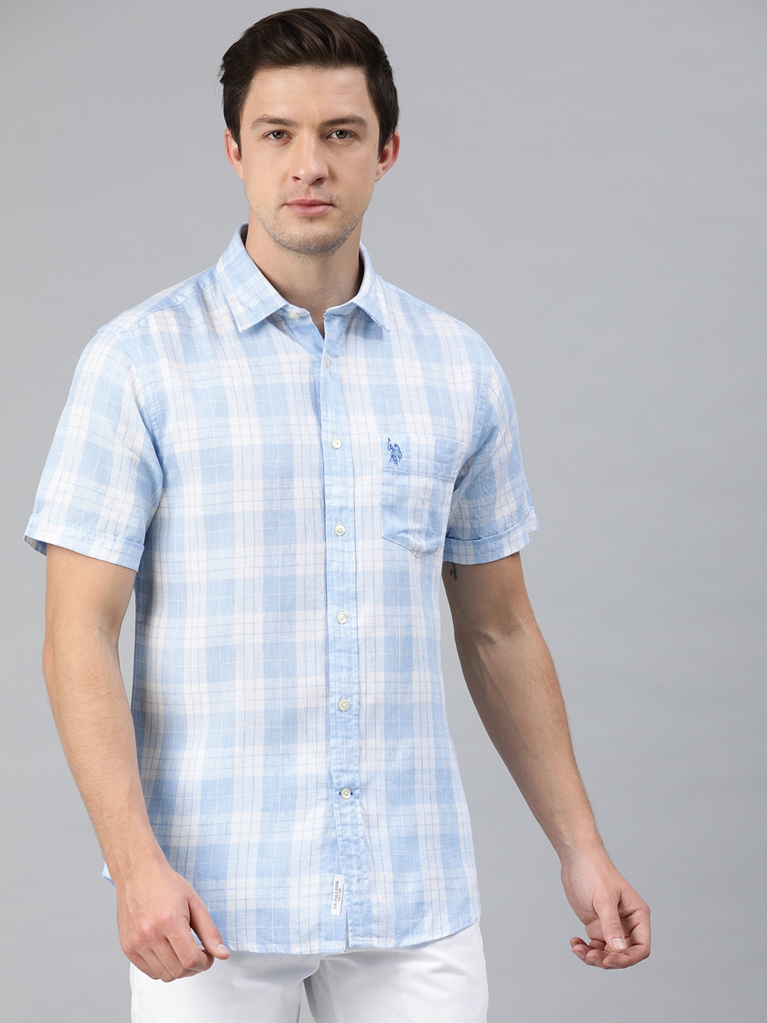 

U.S. Polo Assn. Men Blue & White Tailored Fit Checked Casual Shirt