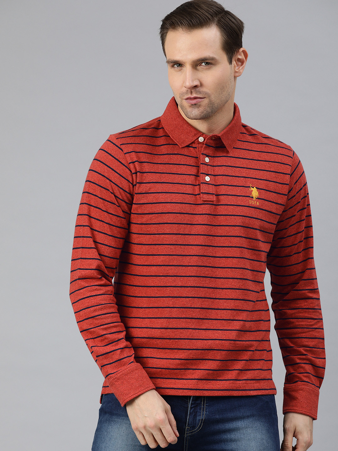 

U.S. Polo Assn. Men Rust Red Navy Blue Striped Polo Collar Pure Cotton T-shirt