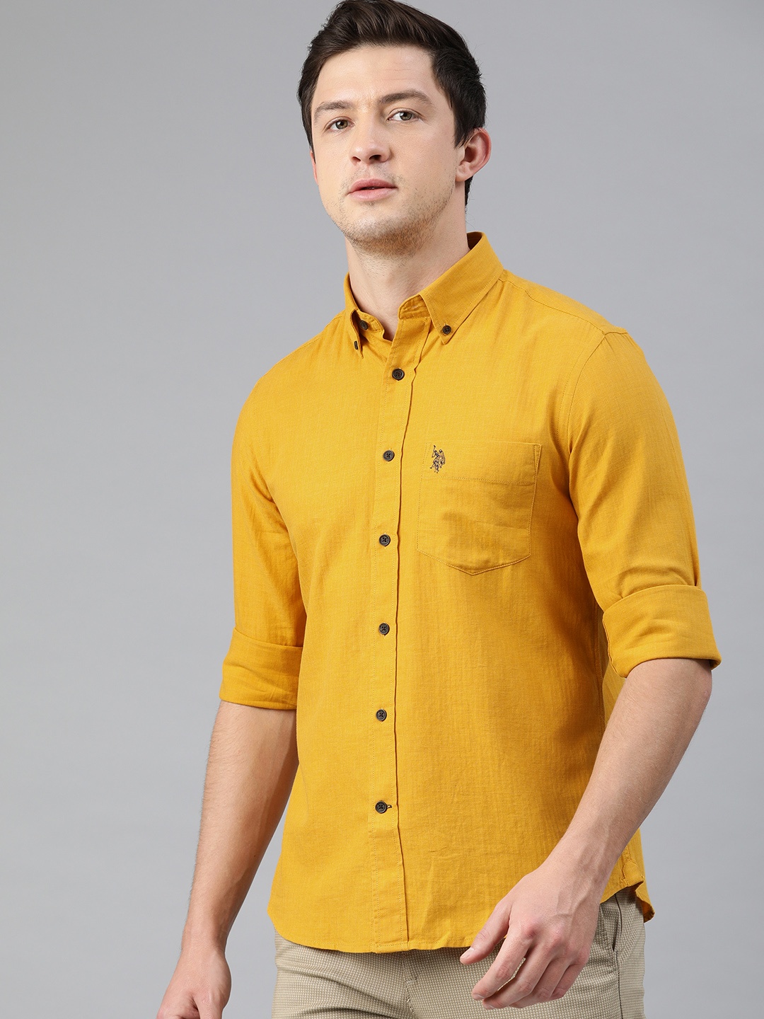 

U.S. Polo Assn. Men Mustard Yellow Tailored Fit Self-Striped Casual Shirt