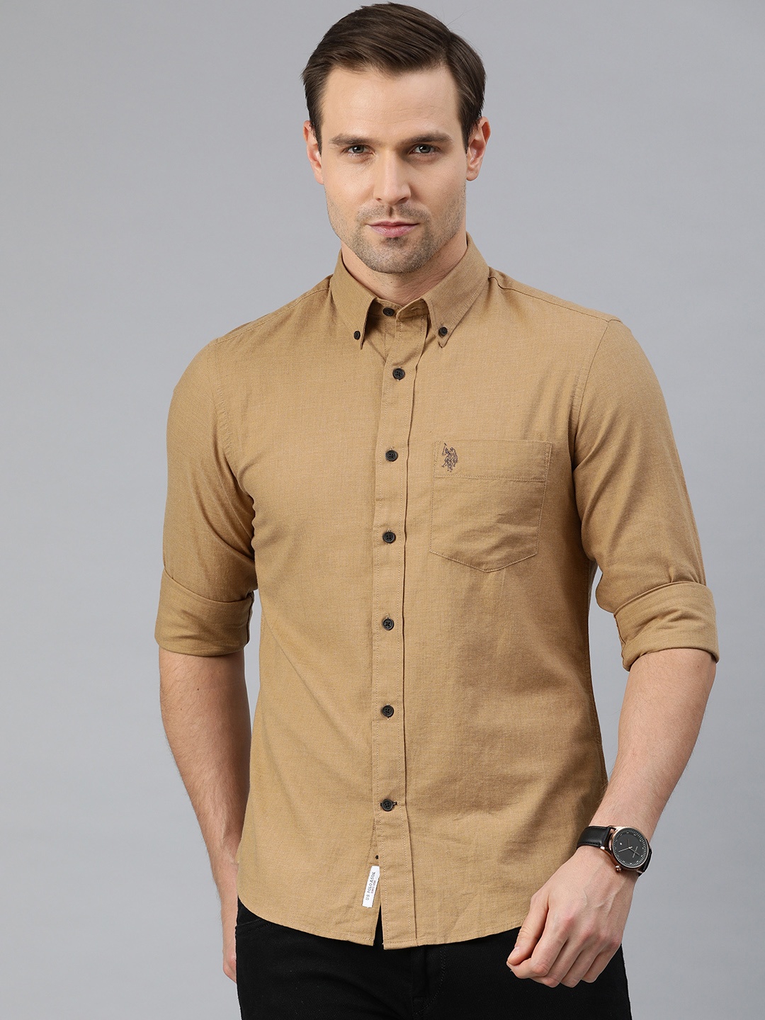 

U.S. Polo Assn. Men Khaki Brown Tailored Fit Solid Casual Shirt