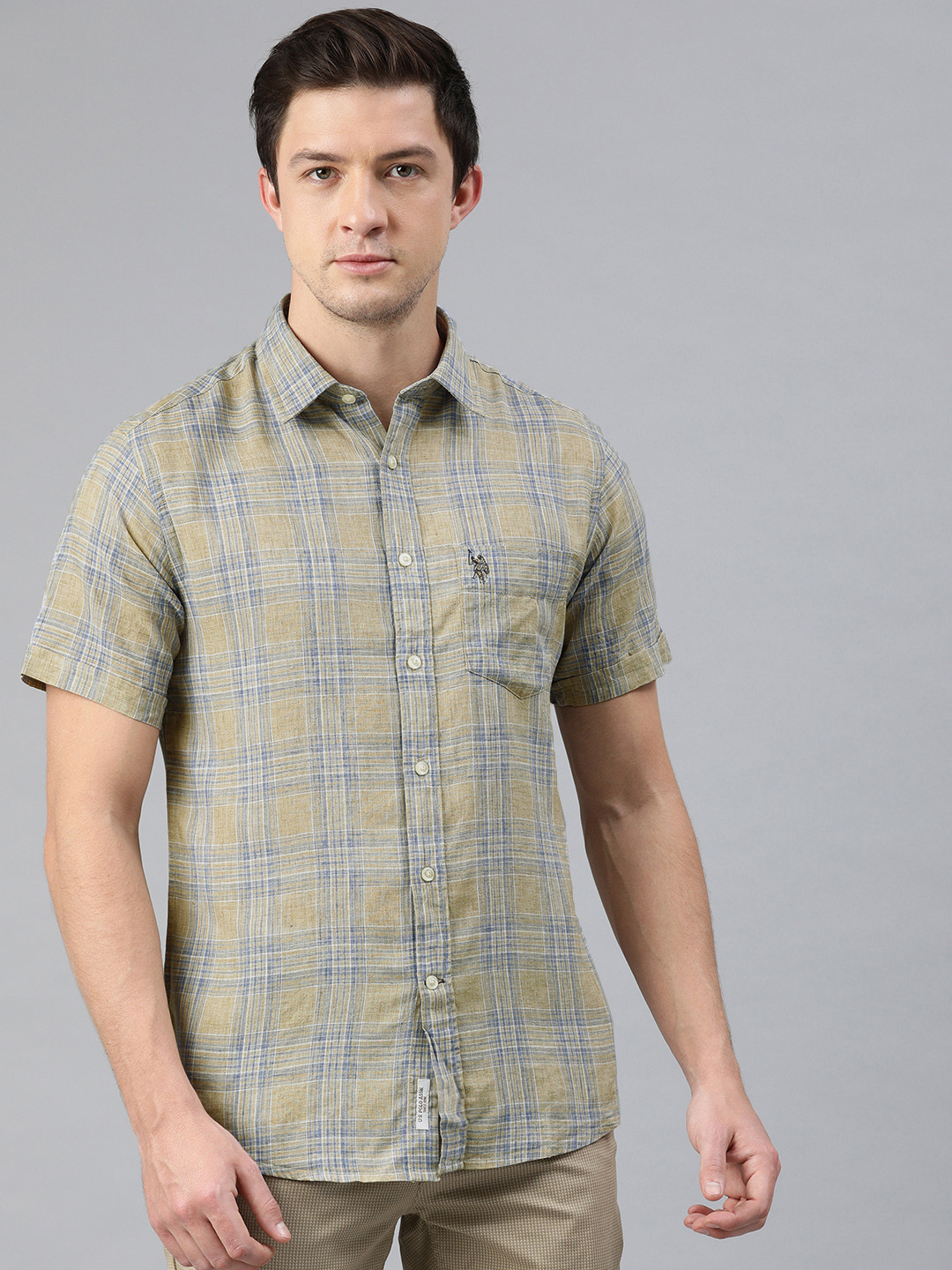 

U.S. Polo Assn. Men Beige & Navy Blue Tailored Fit Checked Casual Shirt