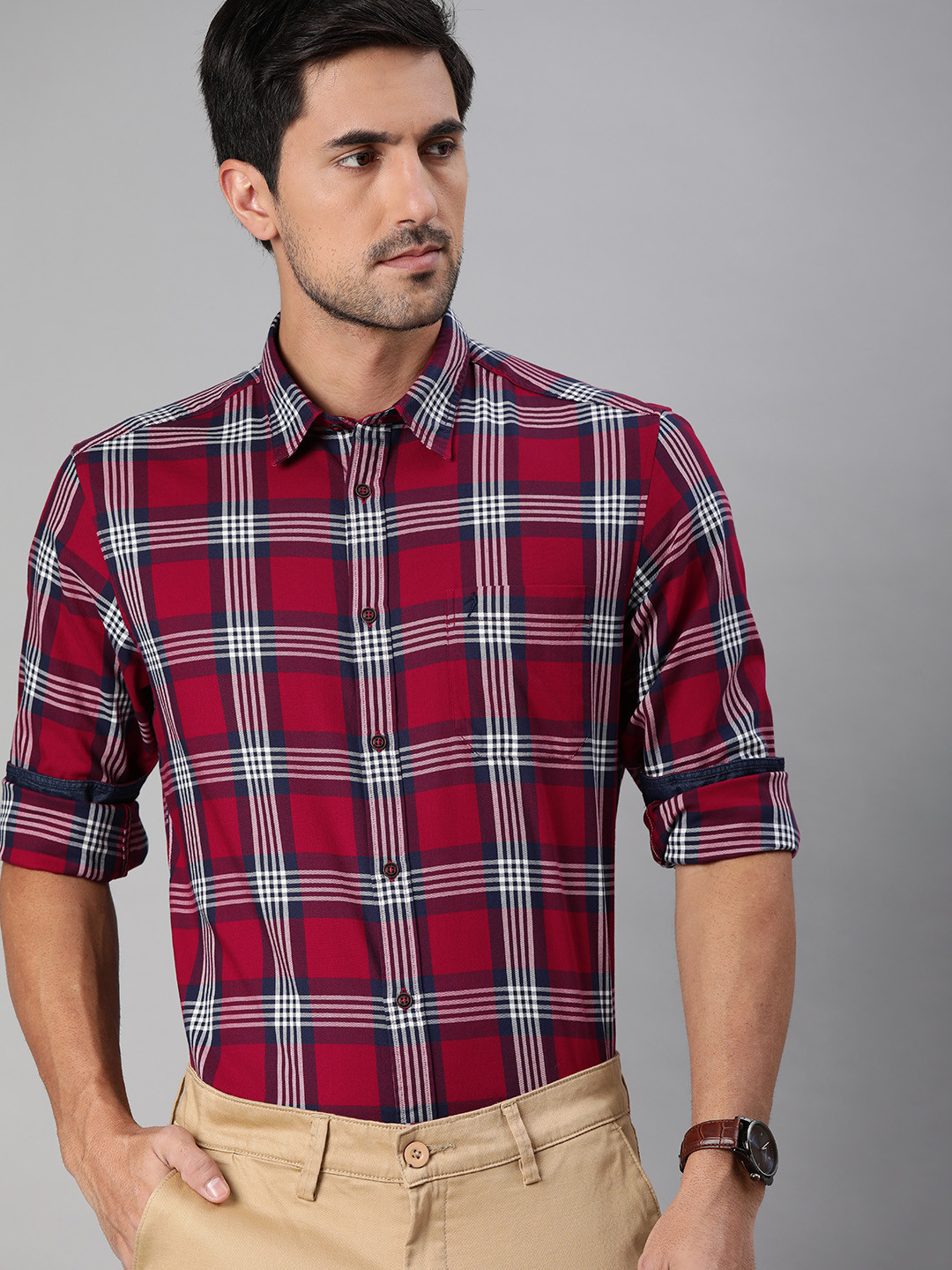 

Indian Terrain Men Maroon & White Slim Fit Checked Smart Casual Shirt