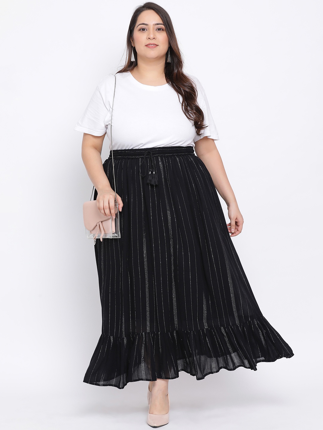 

Oxolloxo Women Black & Metallic-Toned Striped Sheen Flared Maxi Skirt