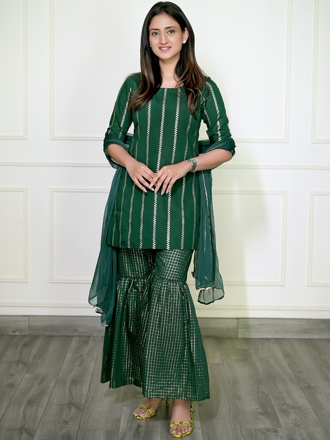 

Libas Green Striped Kurti With Sharara & Dupatta