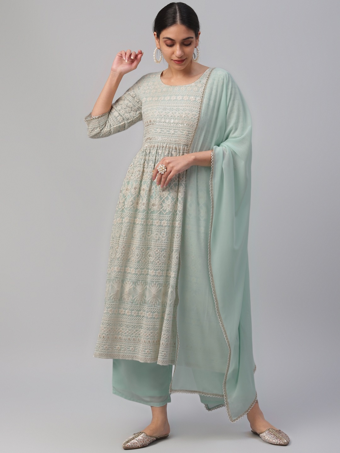 

Libas Women Mint Green & Off-White Embroidered Kurta with Trouser & Dupatta