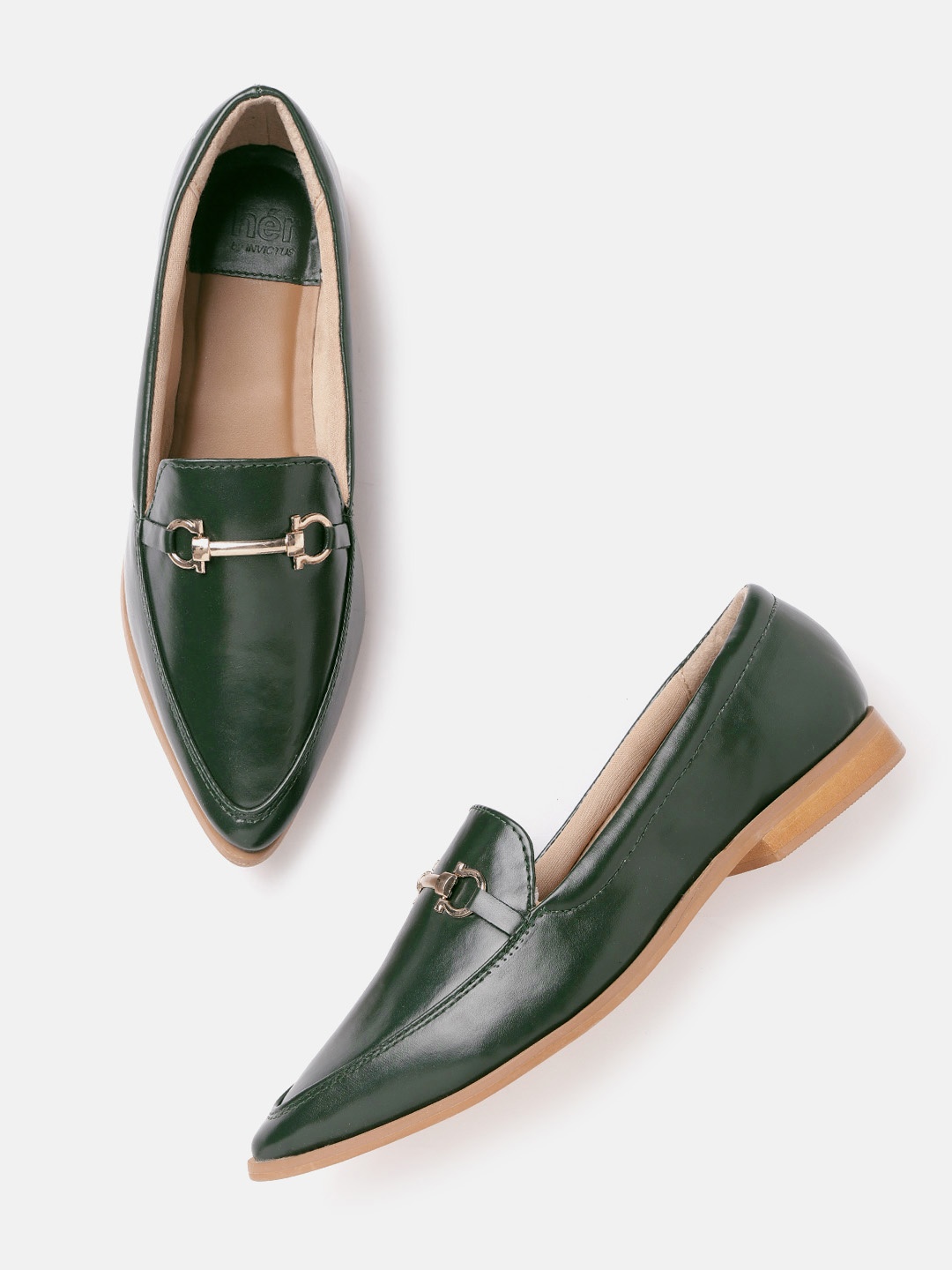 

Her By Invictus Women Green Solid Horsebit Loafers