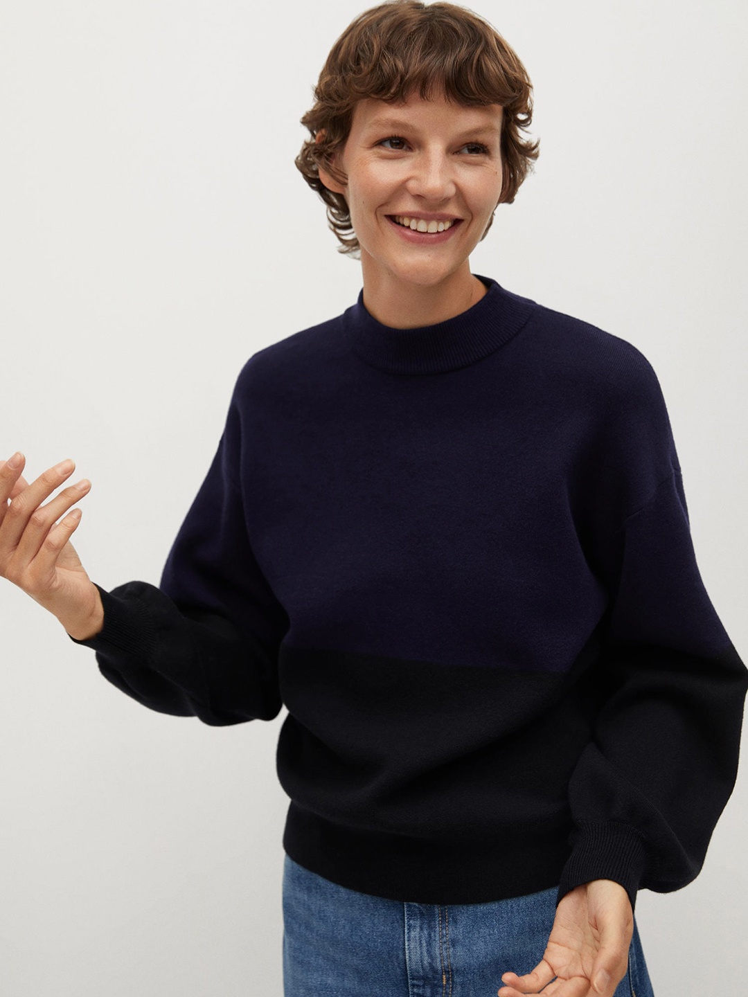 

MANGO Women Navy Blue & Black Colourblocked Pullover