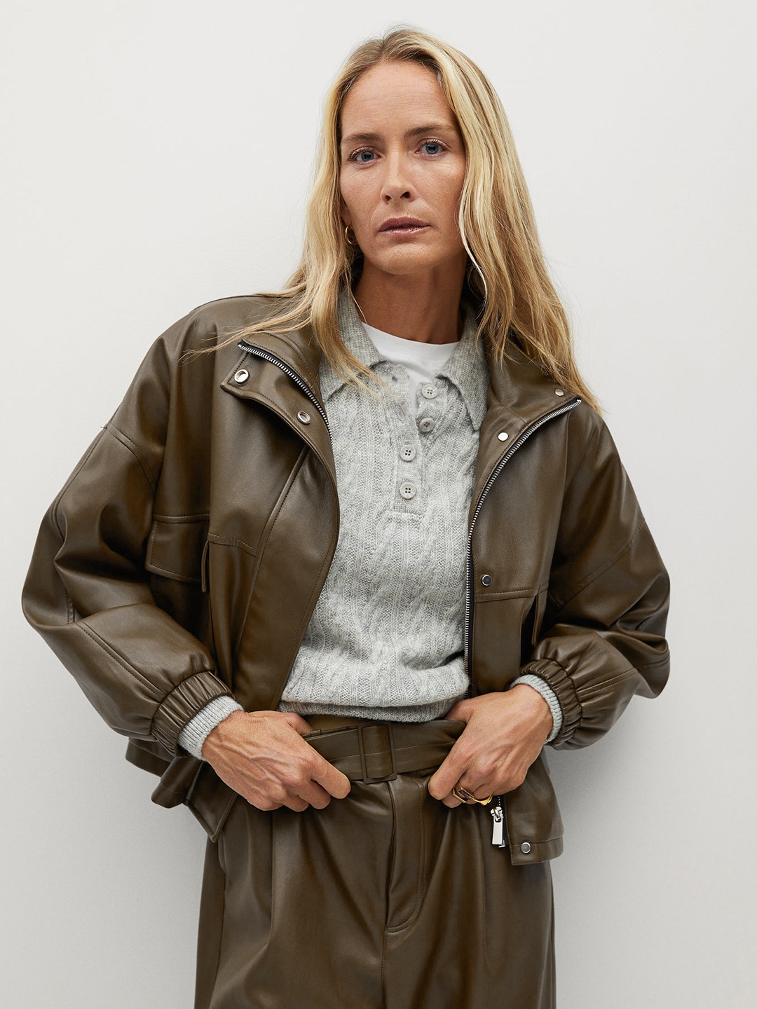 MANGO Women Olive Green Faux Leather Solid Biker Jacket