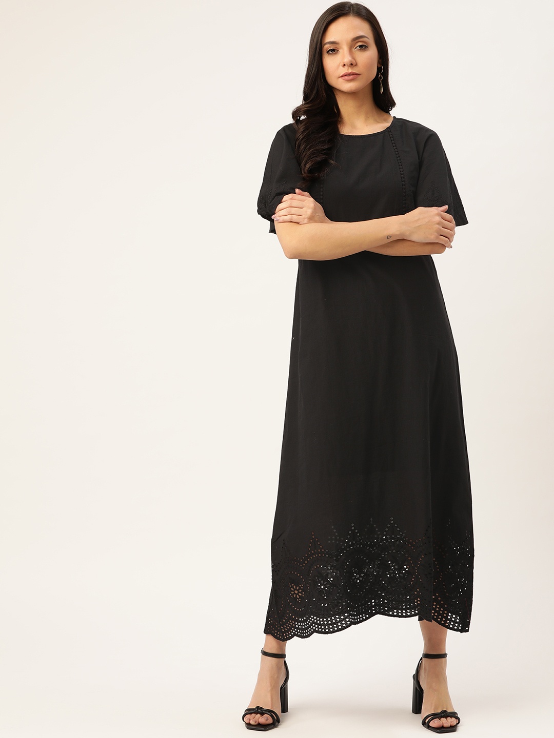 

MANGO Women Black Floral Schiffli Embroidered Pure Cotton Maxi Dress