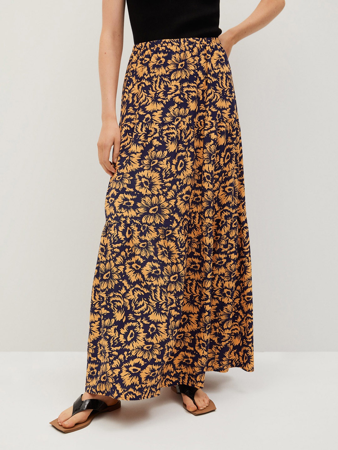 

MANGO Women Yellow & Navy Blue Floral Print A-Line Tiered Maxi Skirt