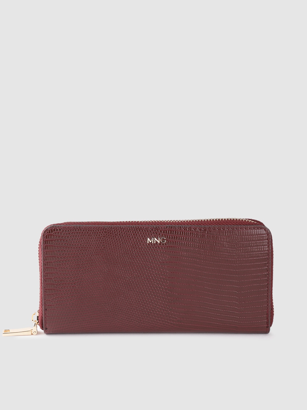 

MANGO Women Burgundy Croc Textured Zip Around Wallet