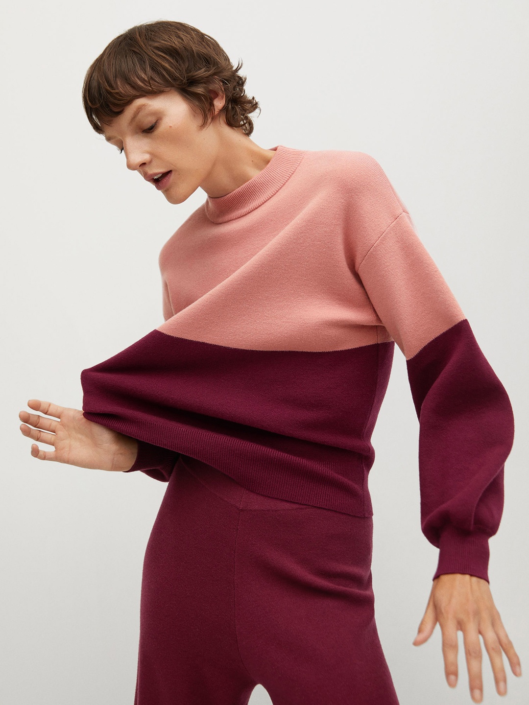 

MANGO Women Pink & Maroon Colourblocked Pullover Sweater