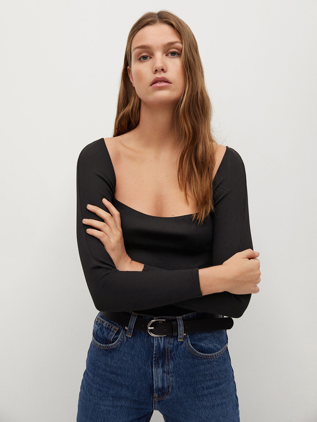 

MANGO Women Black Solid Square Neck Bodysuit
