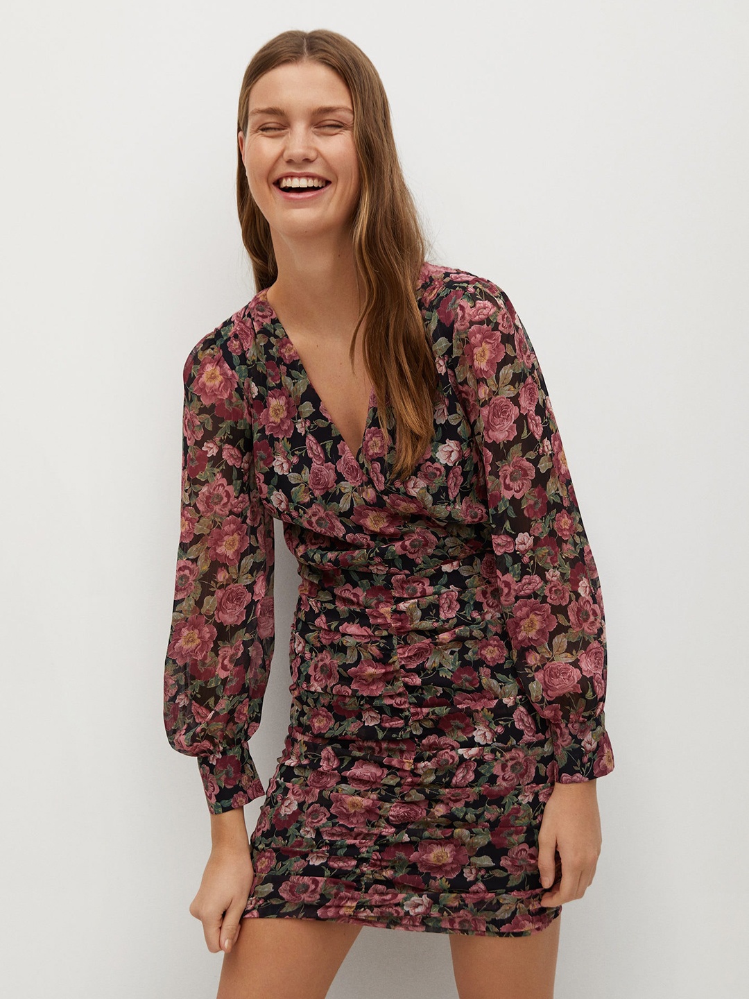 

MANGO Women Black & Pink Sustainable Floral Print Wrap Dress