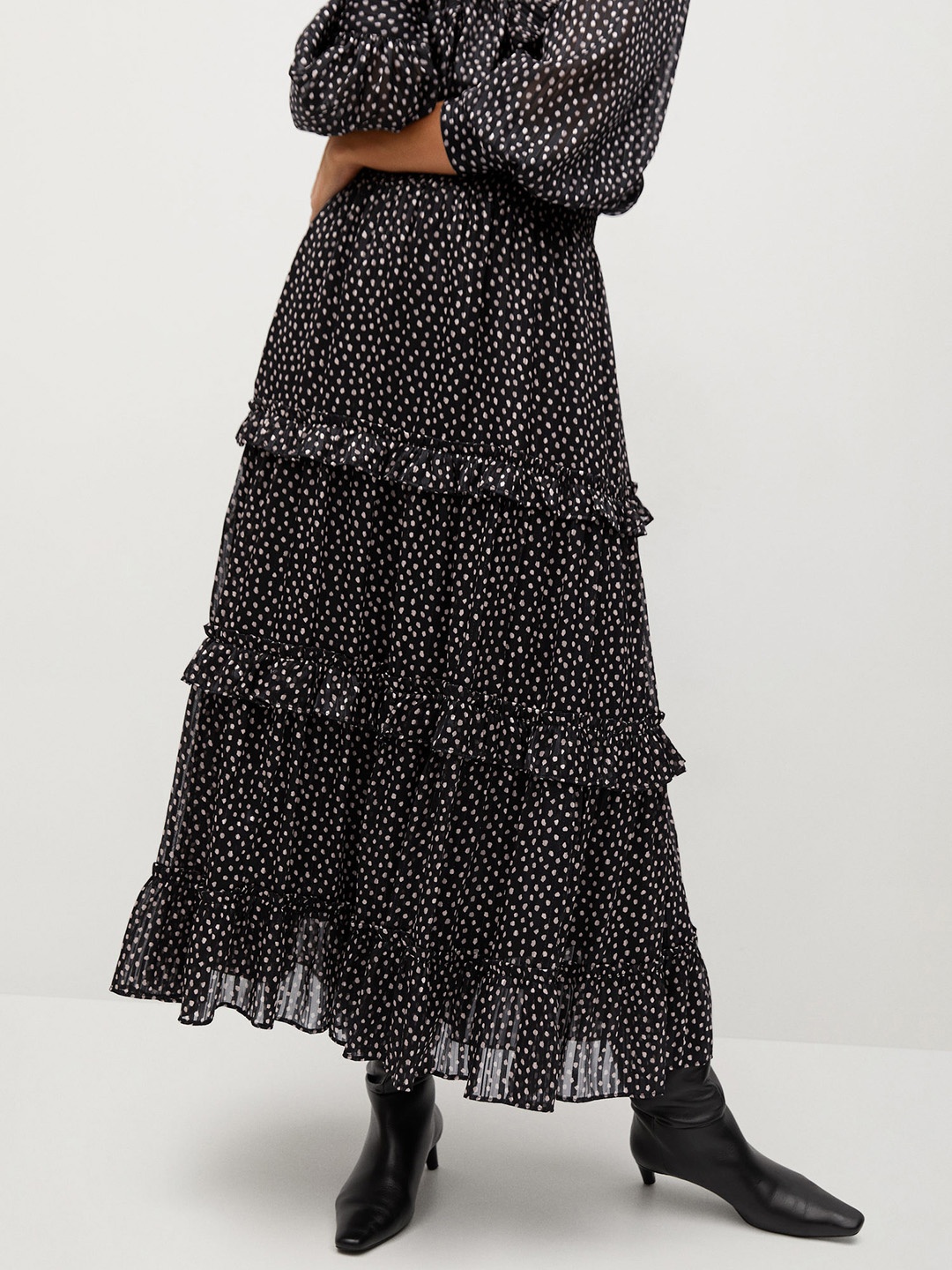 

MANGO Women Black & Pink Dotted Print Sustainable A-Line Tiered Maxi Skirt
