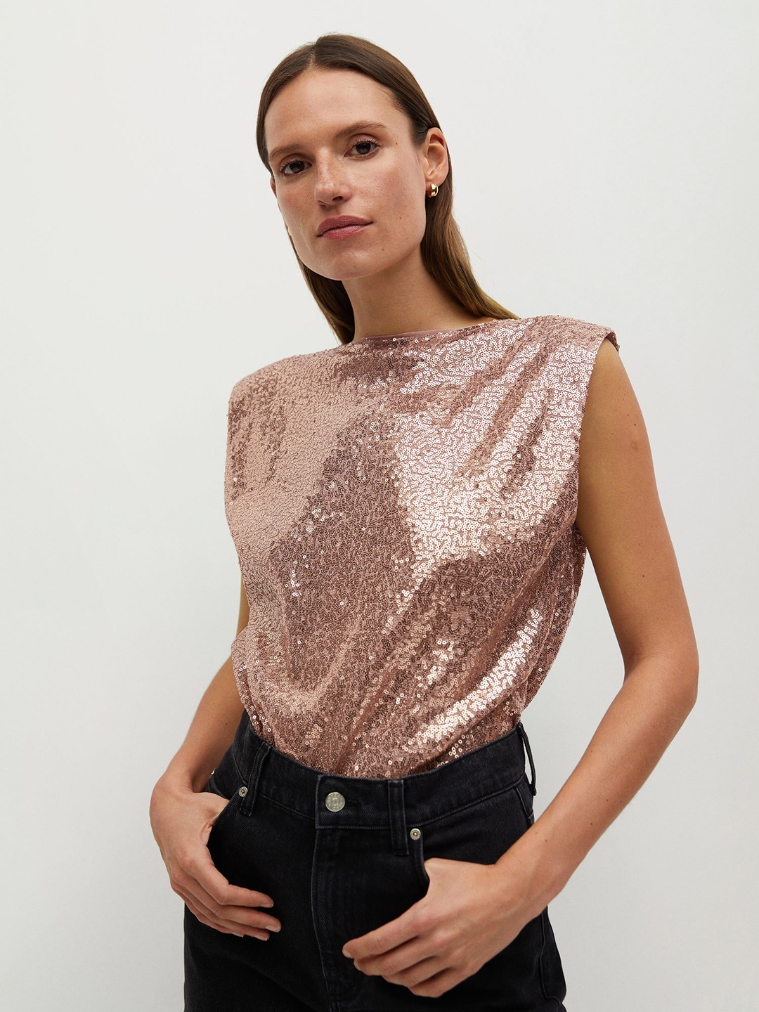

MANGO Women Pink Embellished Top