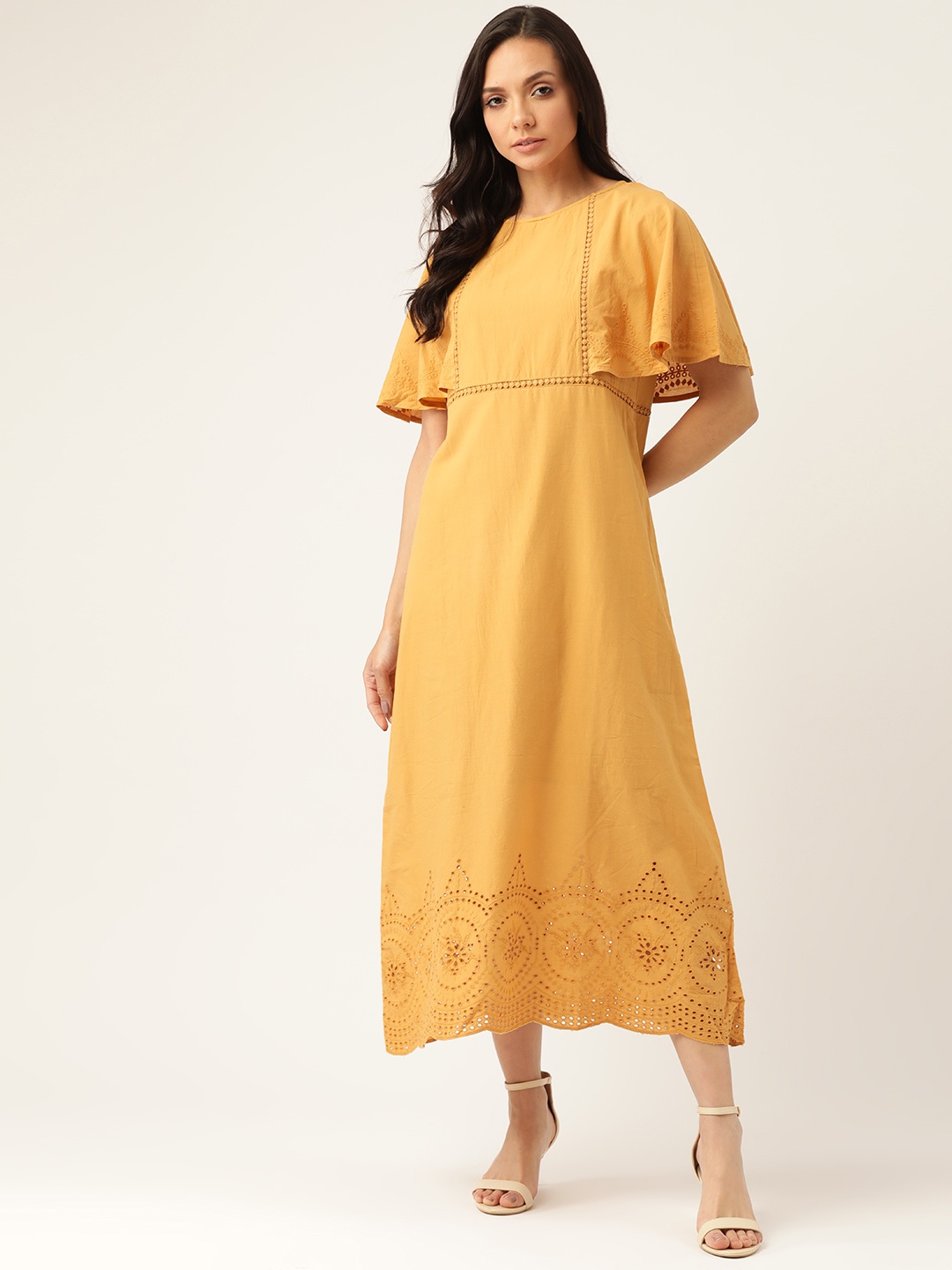 

MANGO Women Mustard Yellow Pure Cotton Solid A-Line Dress