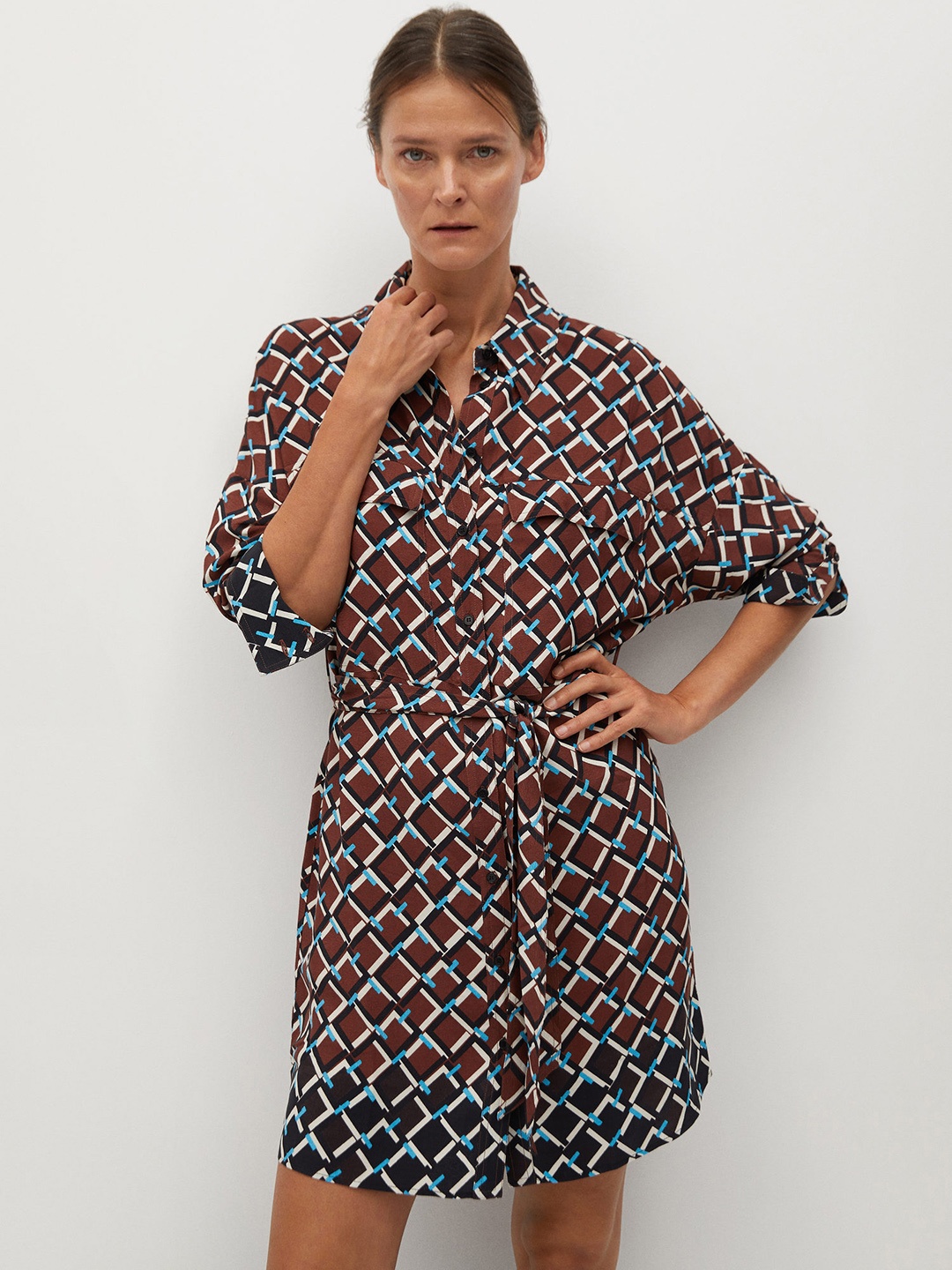 

MANGO Women Brown & Blue Printed Shirt Dress with Belt