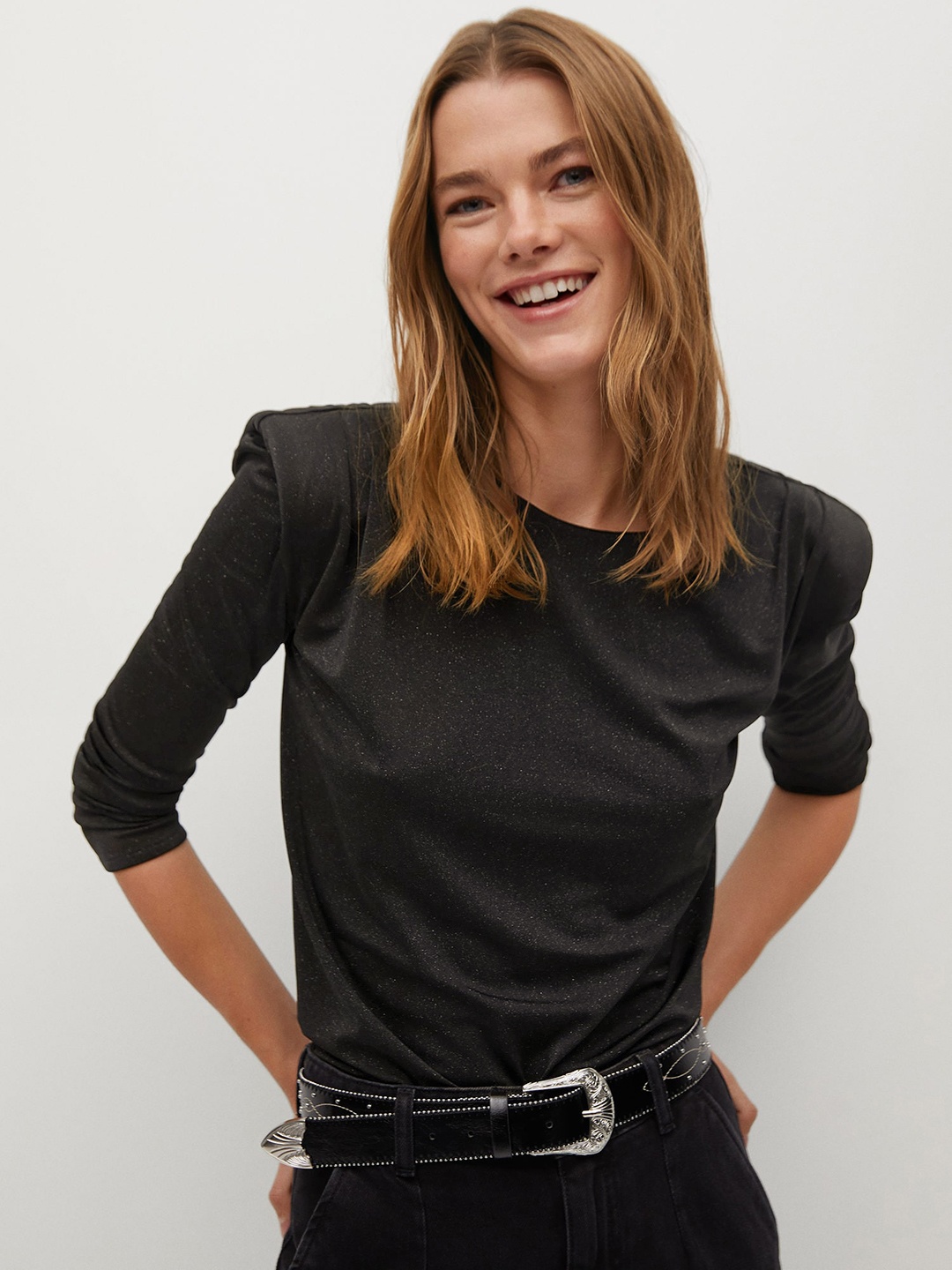

MANGO Women Black Shimmery Top