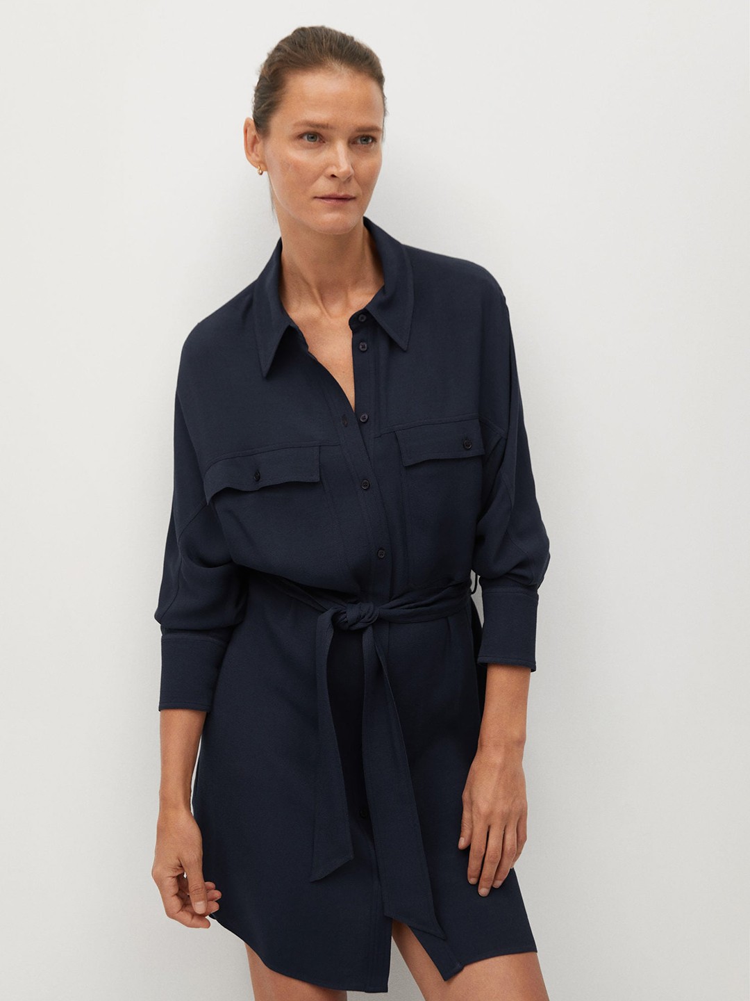 

MANGO Women Navy Blue Solid Shirt Dress