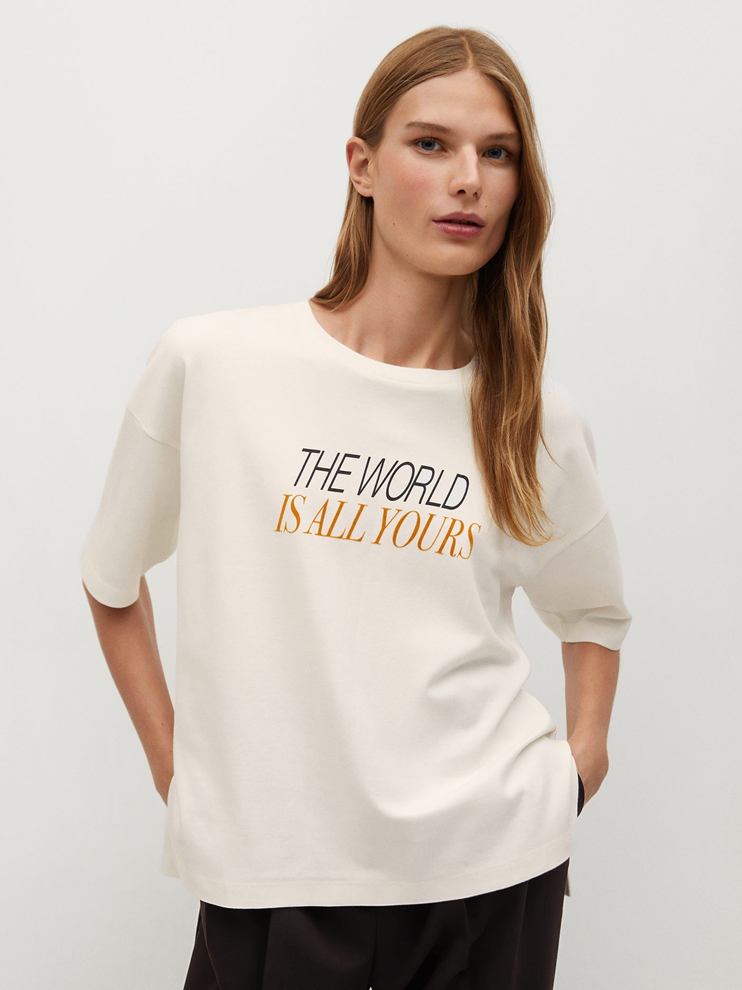

MANGO Women Off-White Organic Cotton Printed Round Neck T-shirt