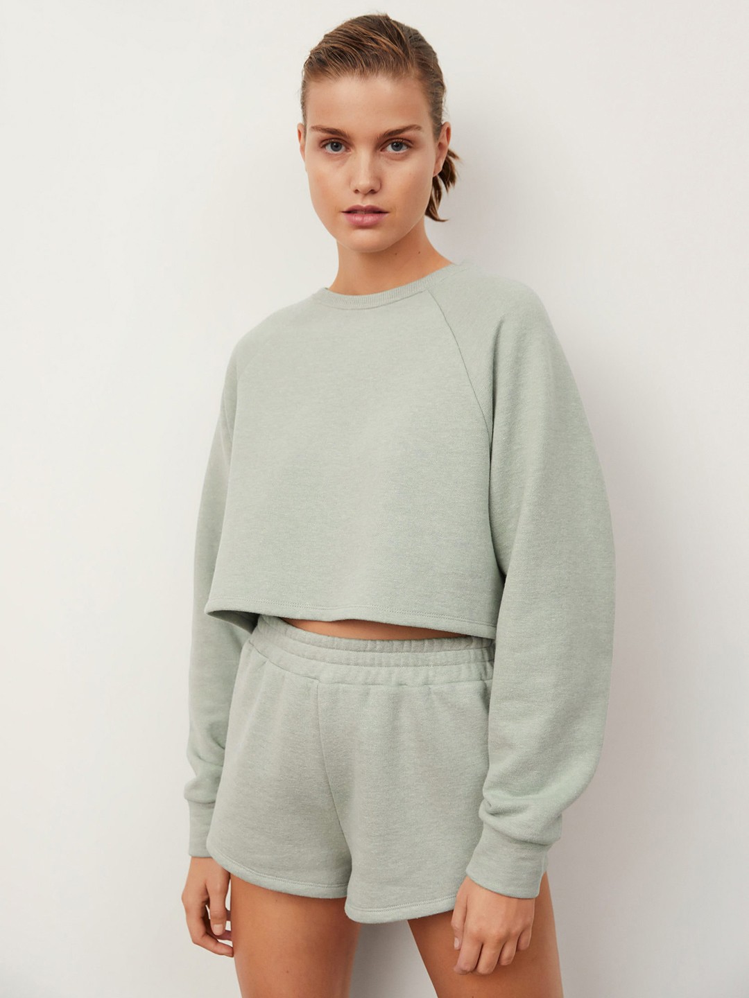 

MANGO Women Sea Green Solid Cropped Sweatshirt