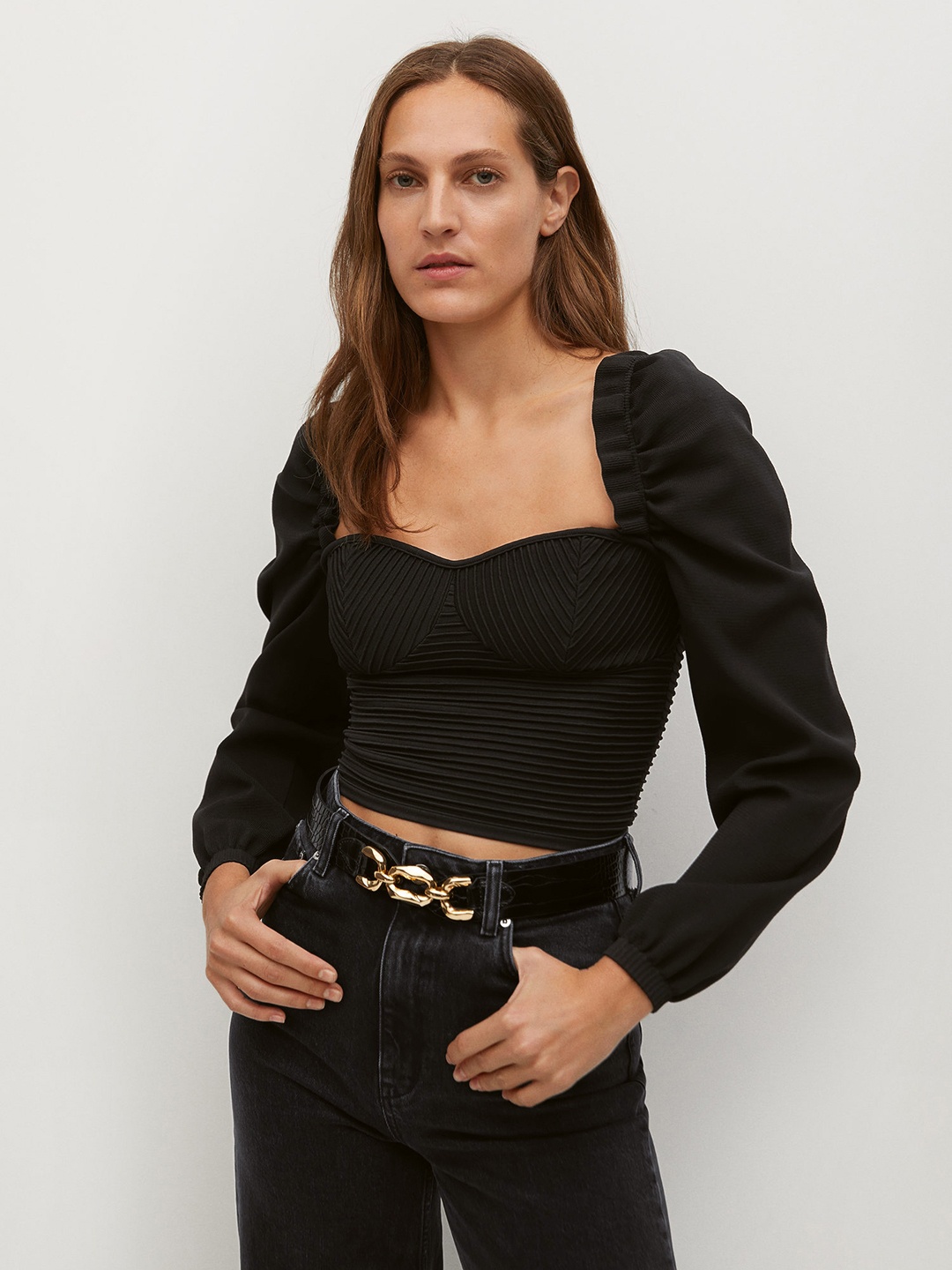 

MANGO Women Black Solid Cinched Waist Winter Top