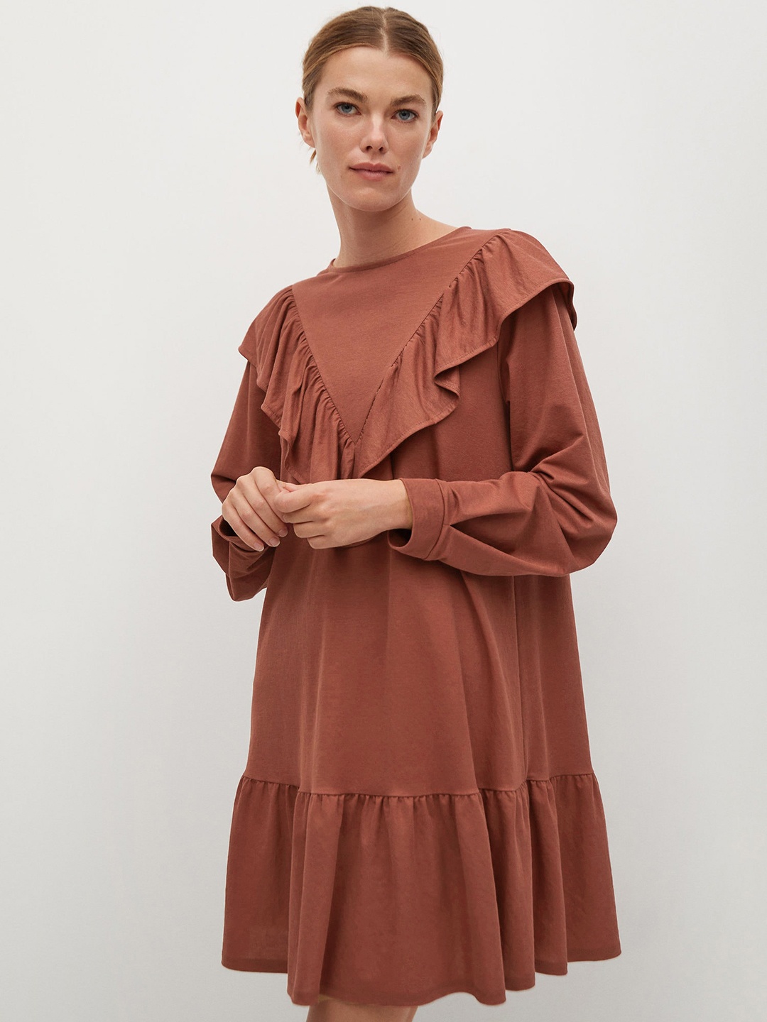 

MANGO Women Rust Red Solid Drop-Waist Dress
