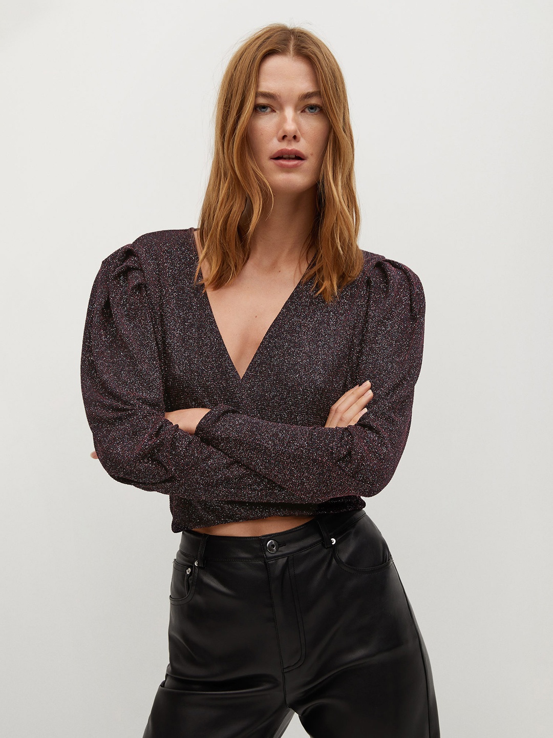 

MANGO Women Black Shimmer Effect Wrap Top