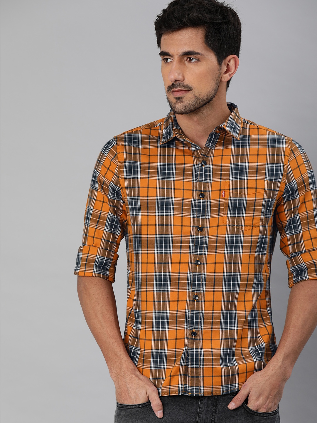 

Levis Men Orange & Navy Blue Slim Fit Checked Casual Shirt