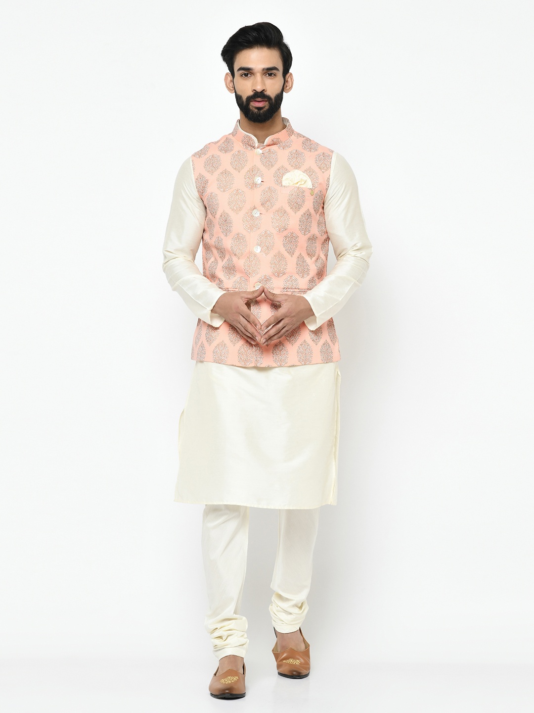 

KISAH Men White Solid Kurta Jacket Set