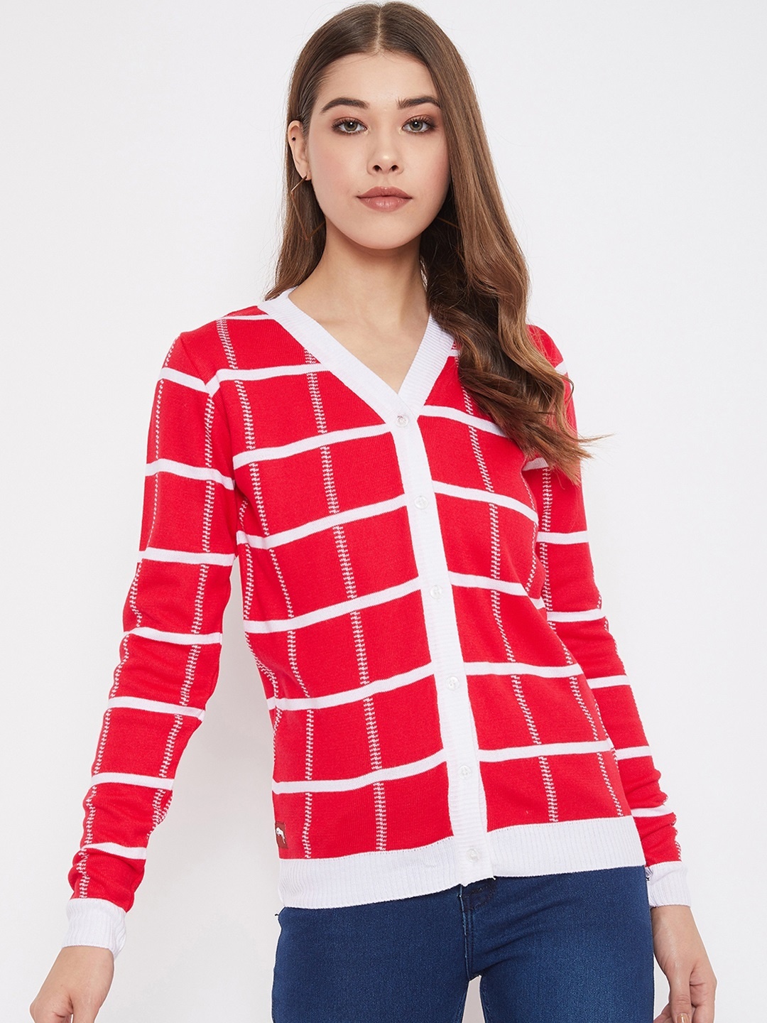 

JUMP USA Women Red & White Checked Knitted Cardigan