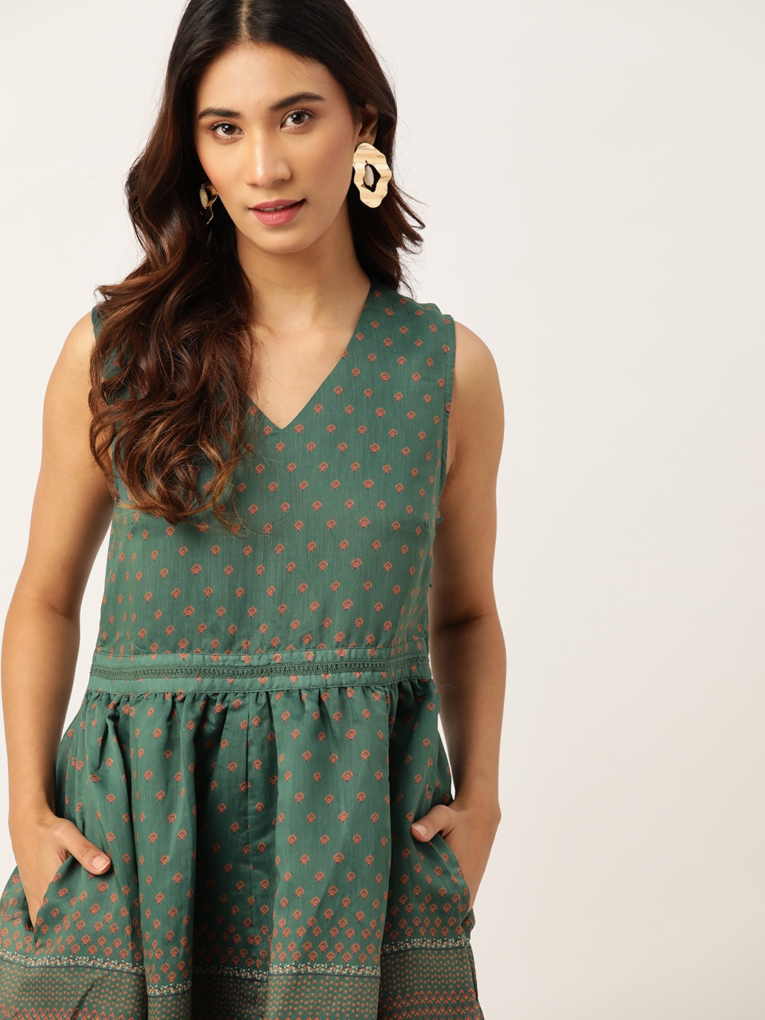 

House of Pataudi Green & Rust Orange Ethnic Motifs Printed Maxi Rozana Dress