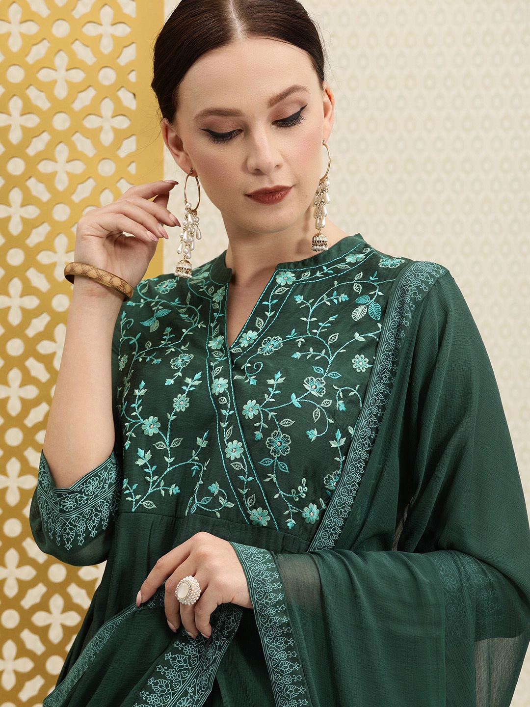 

House of Pataudi Women Green Yoke Embroidered Kurta with Churidar & Dupatta