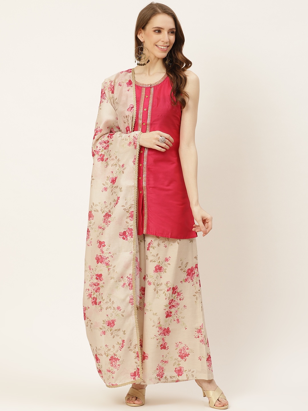 

House of Pataudi Women Pink Floral Kurti with Palazzos & Dupatta