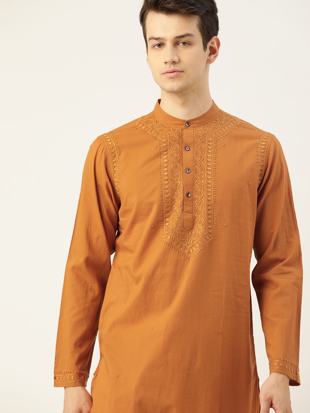 

House of Pataudi Men Rust Orange Floral Embroidered Chikankari Cotton Kurta with Salwar
