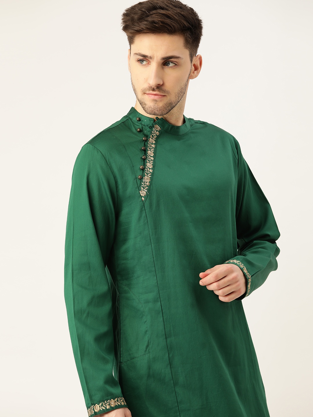

House of Pataudi Men Green Solid Pure Cotton Thread Work Kurta