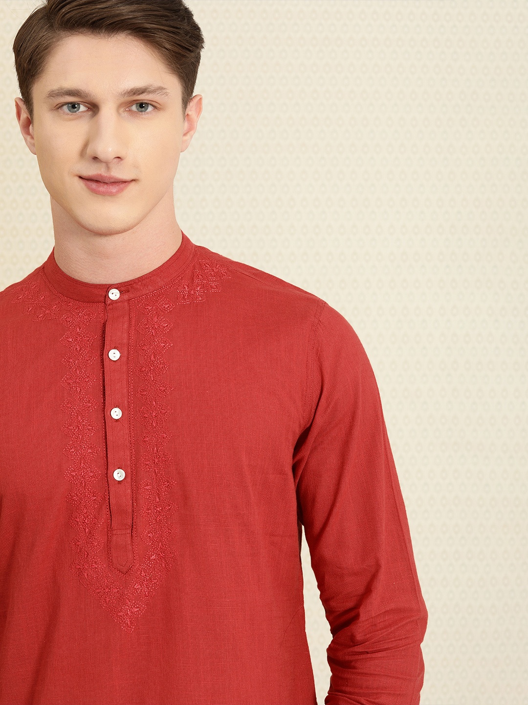 

House Of Pataudi Men Red Authentic Hand Embroidered Chikankari Yoke Design Kurta