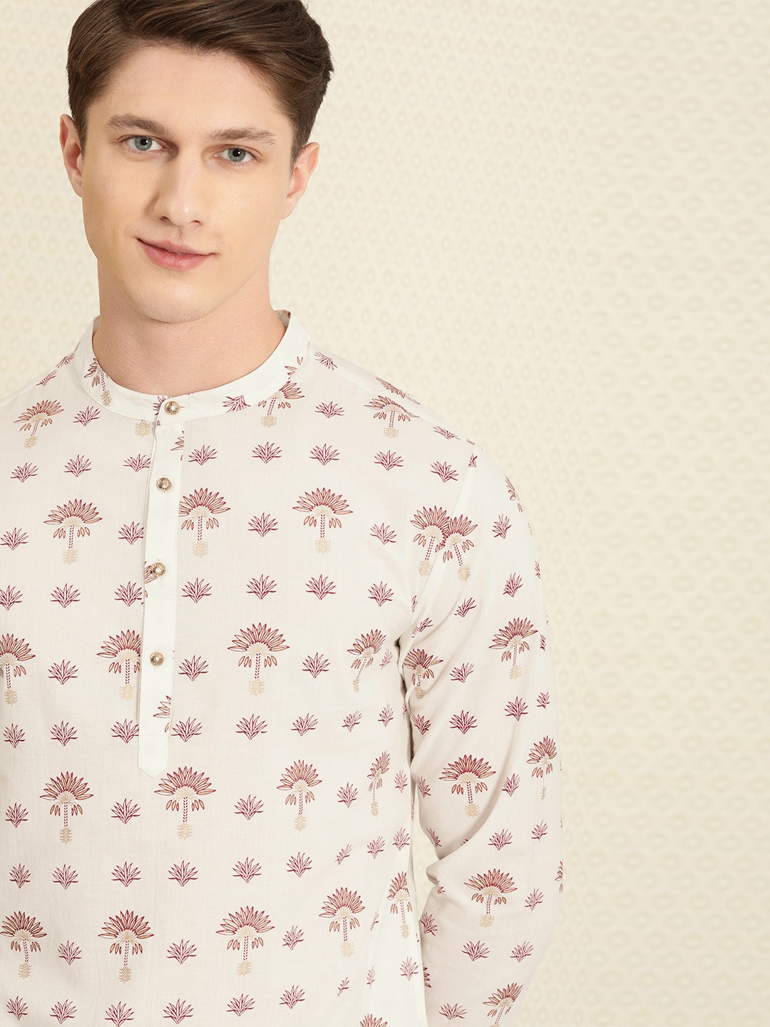 

House Of Pataudi Men Off White & Maroon Floral Printed Kurta