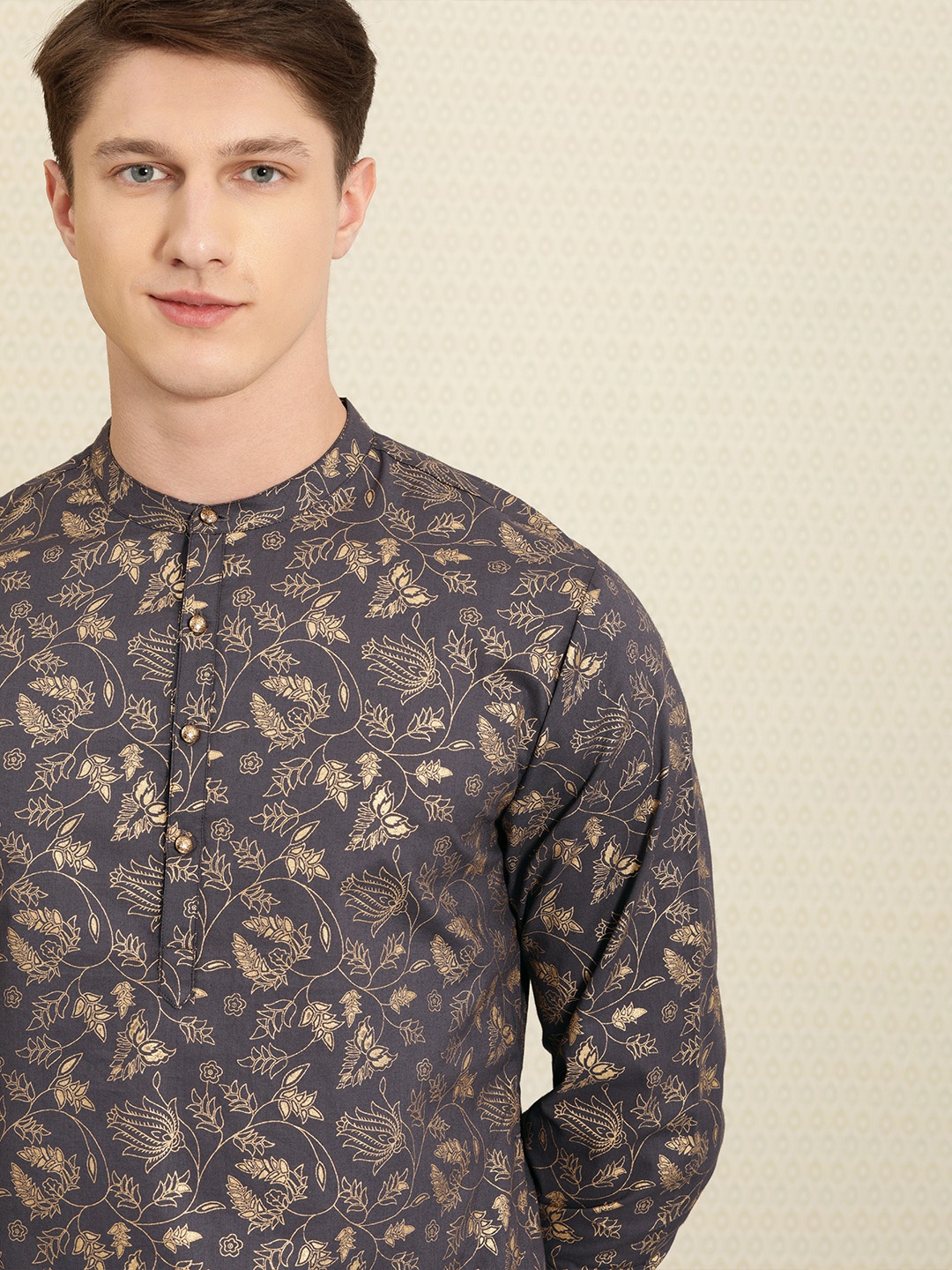 

House Of Pataudi Men Charcoal Grey & Gold-toned Ethnic Motifs Printed Kurta