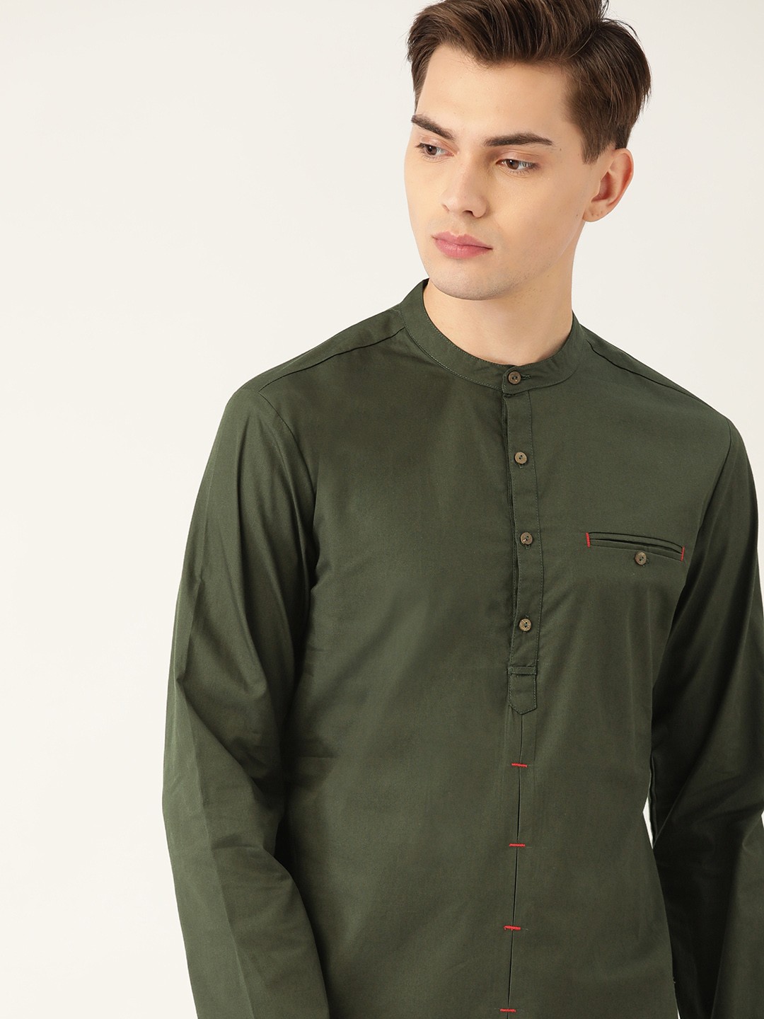 

House of Pataudi Men Olive Green Solid Pure Cotton Straight Rozana Kurta