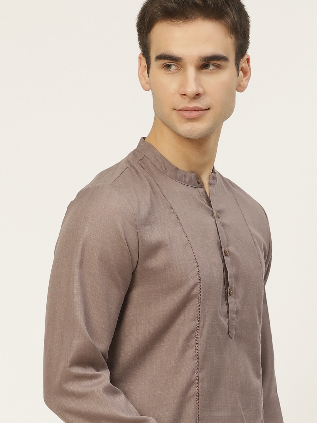 

House of Pataudi Men Taupe Solid Straight Kurta