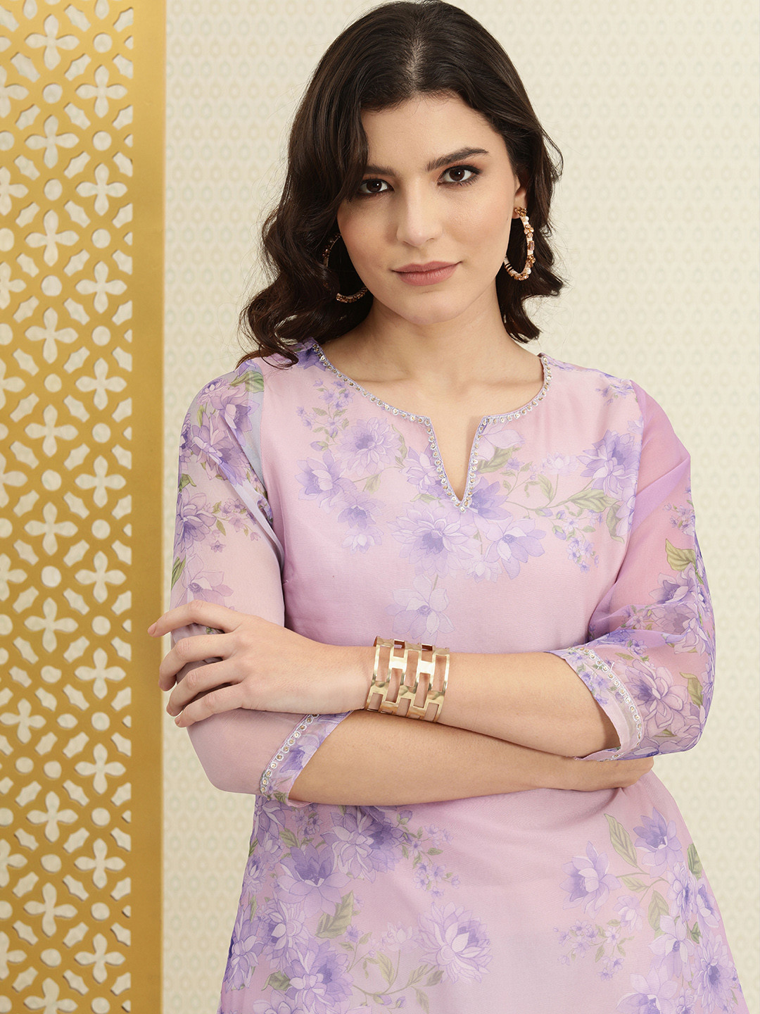 

House of Pataudi Women Lavender & Green Floral Printed Kurta