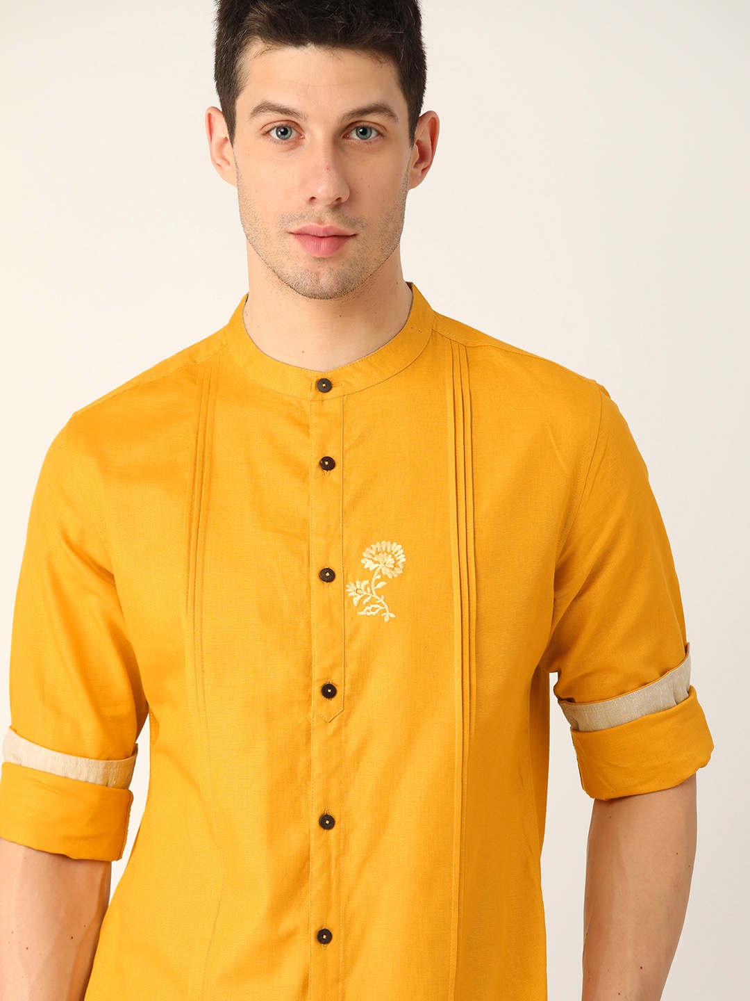 

House of Pataudi Men Mustard Yellow Pintucks Detail Casual Shirt