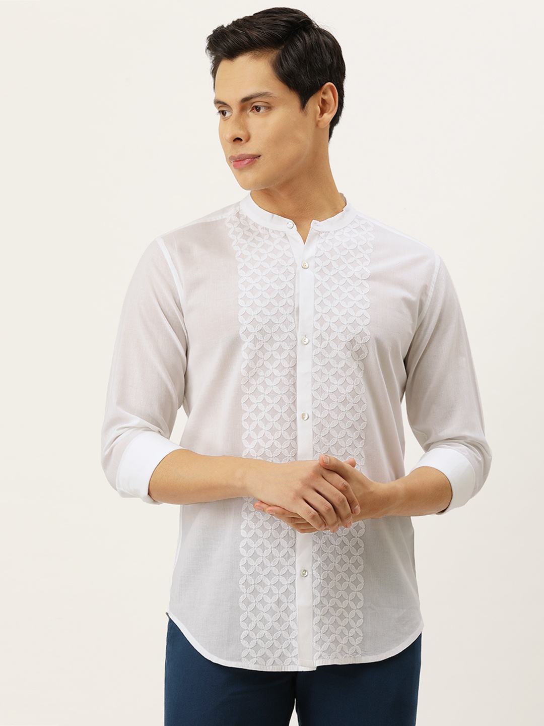 

House of Pataudi Men White Authentic Hand-Embroidered Chikankari Shirt