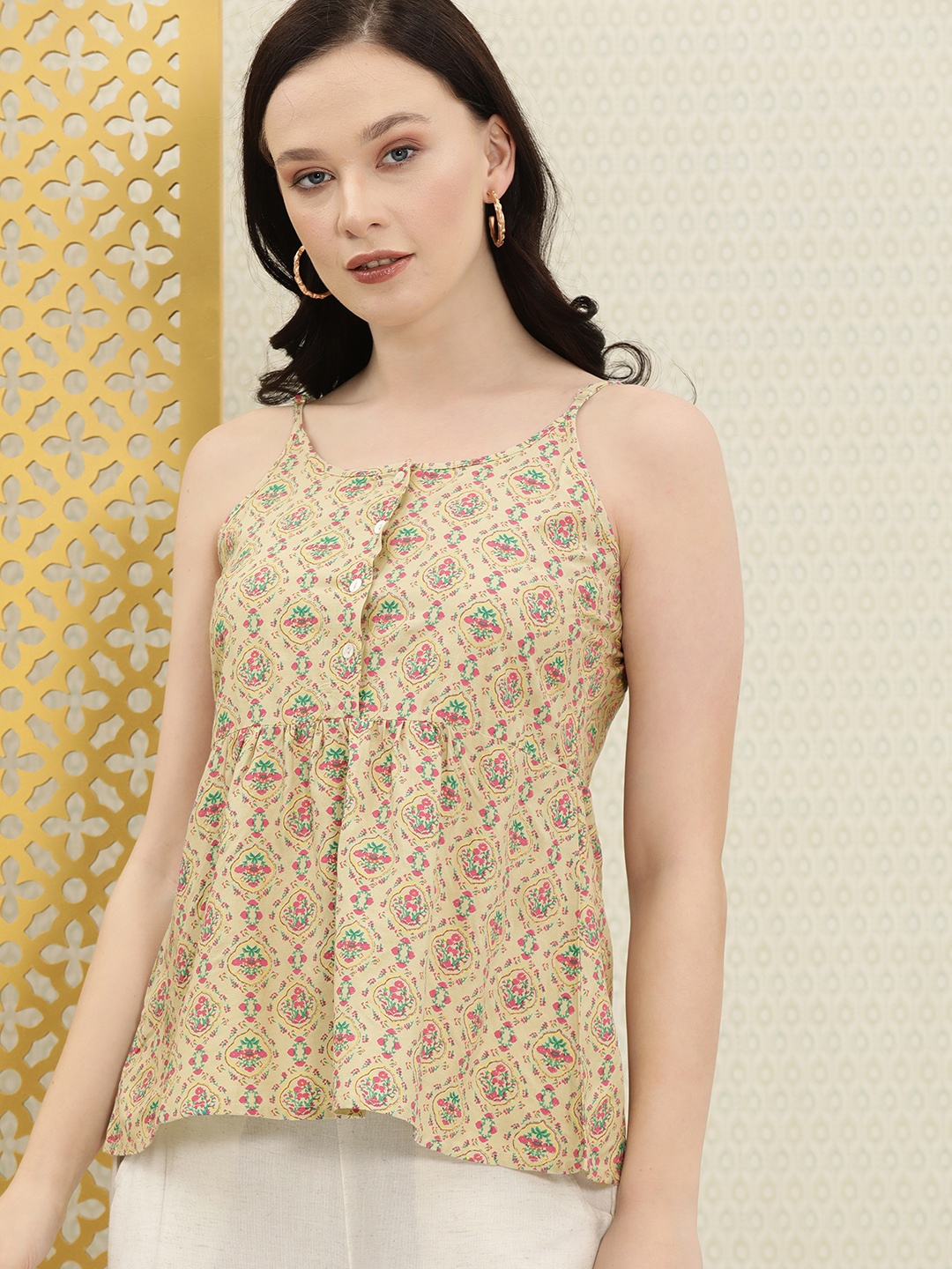 

House of Pataudi Beige & Green Floral Printed Peplum Top