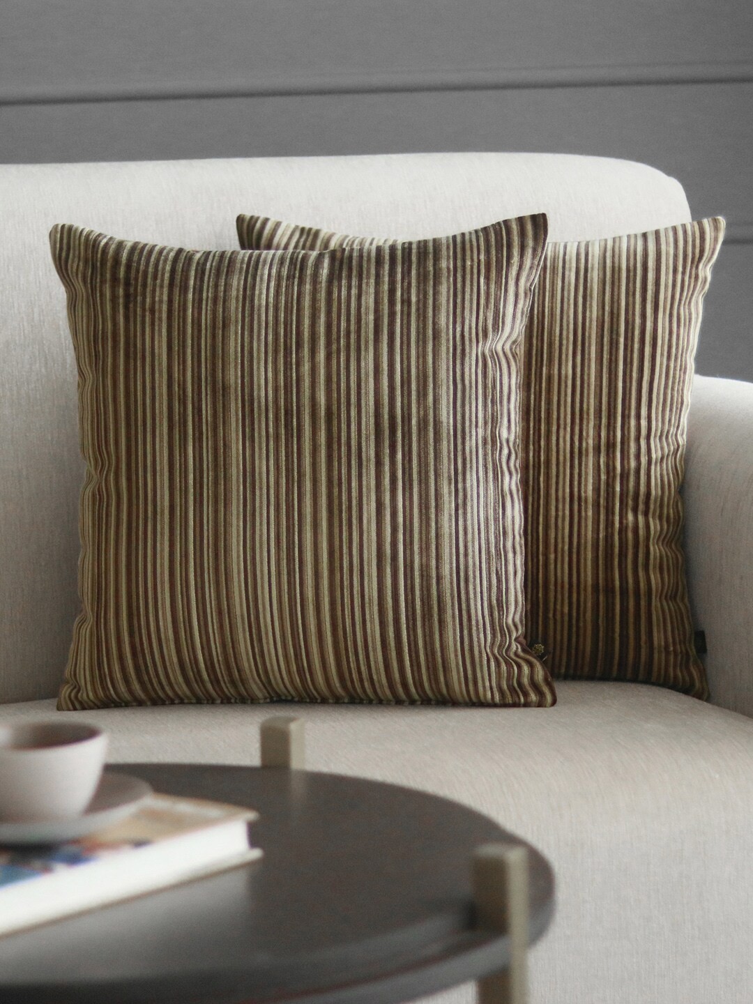 

GM Brown & Grey Set of 2 Striped Square Velvet Cushion Covers